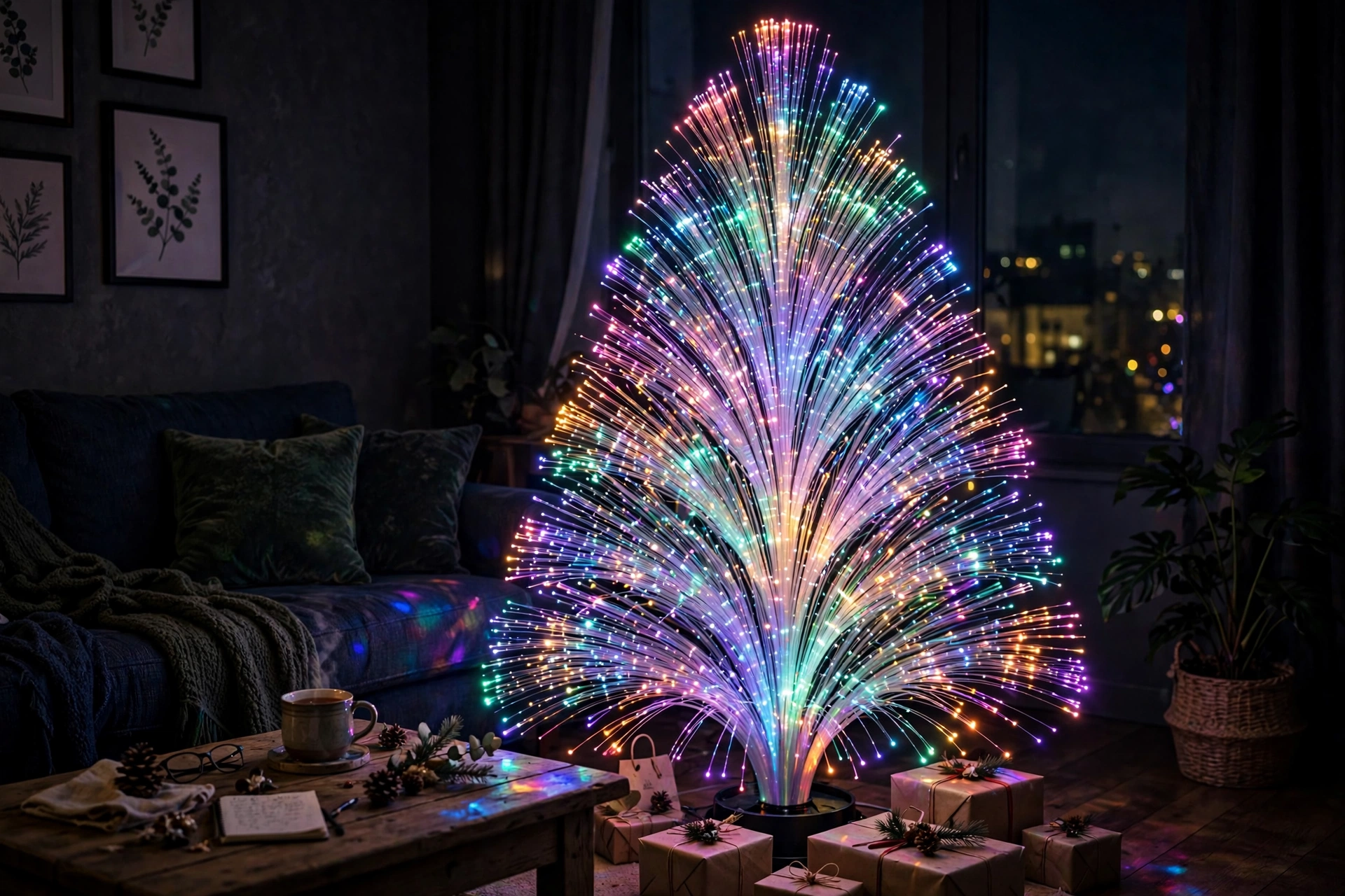 Fiber optic Christmas tree with multicolor glowing tips