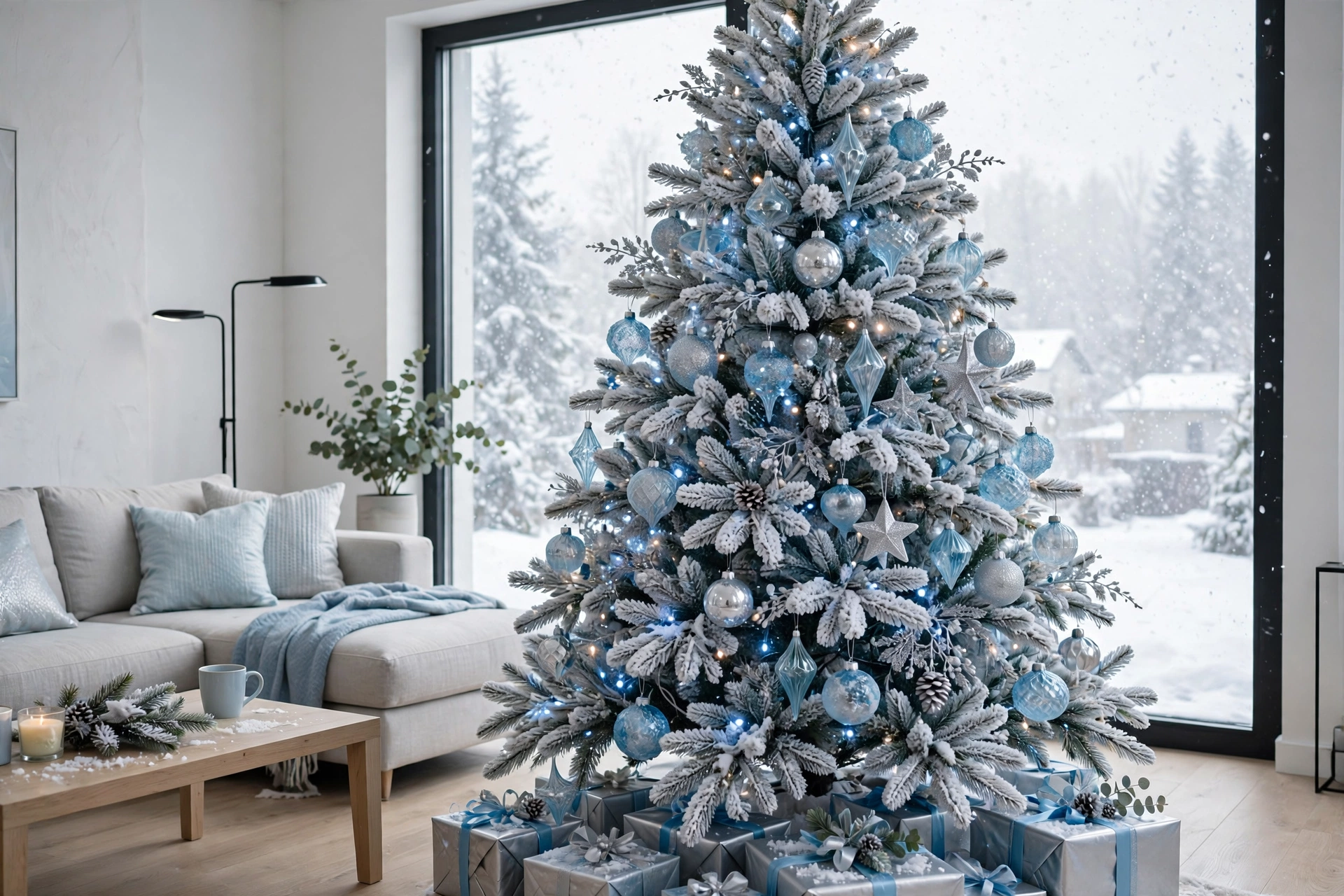 Flocked Christmas tree with snow-covered branches
