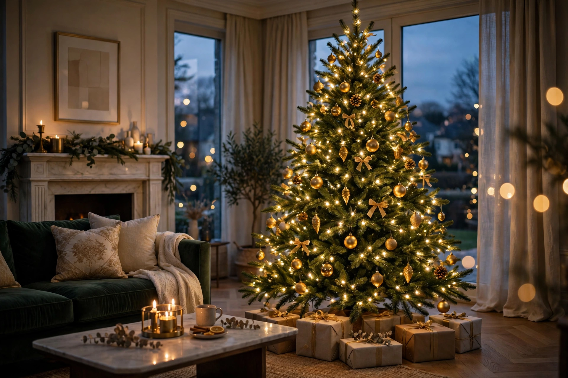 Pre-lit Christmas tree glowing with warm white lights