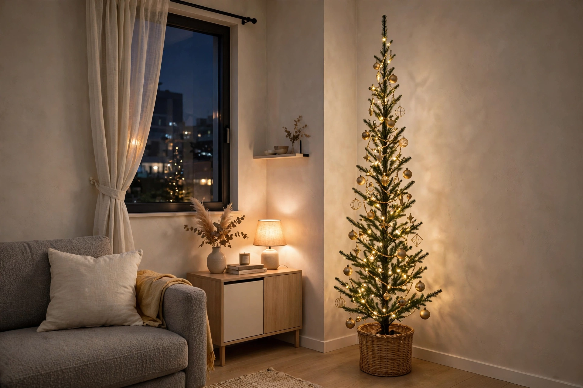 Slim pencil Christmas tree in a small apartment corner