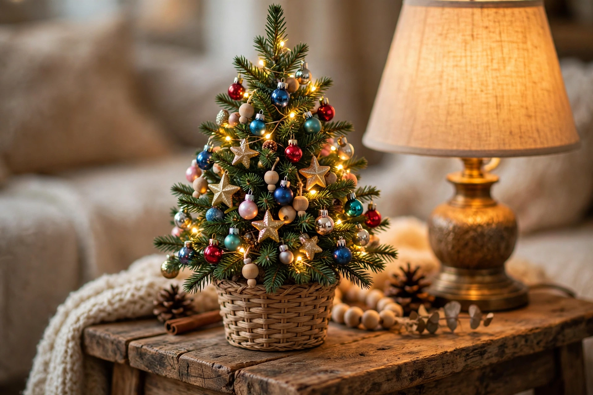 Small decorated tabletop Christmas tree on a wooden table