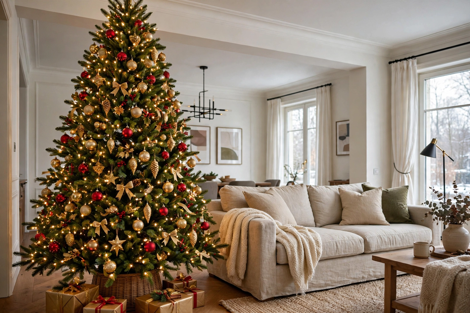 Tall 7.5 ft Christmas tree next to a sofa showing its scale