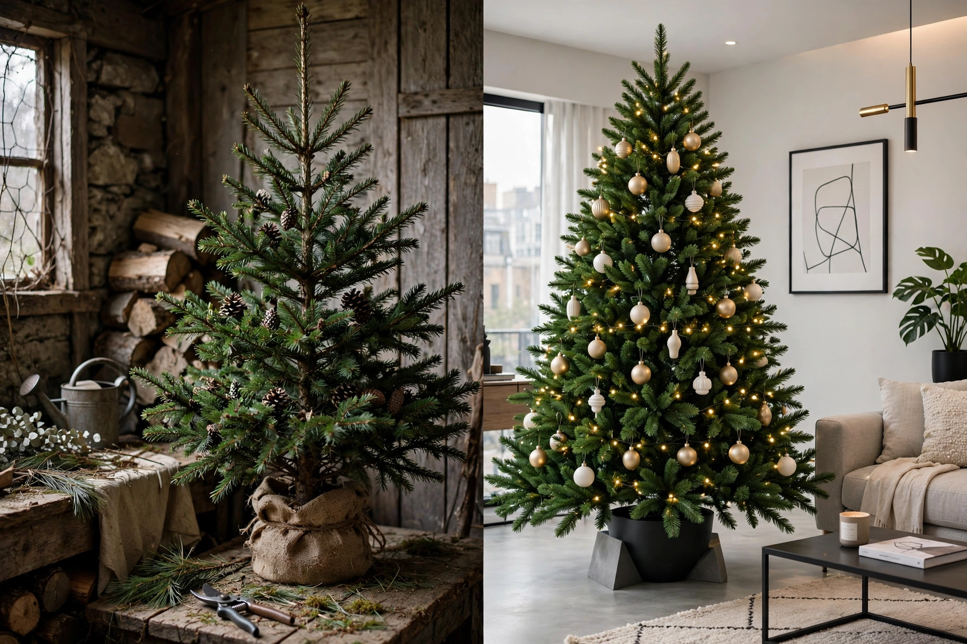 Side-by-side comparison of a real and an artificial Christmas tree