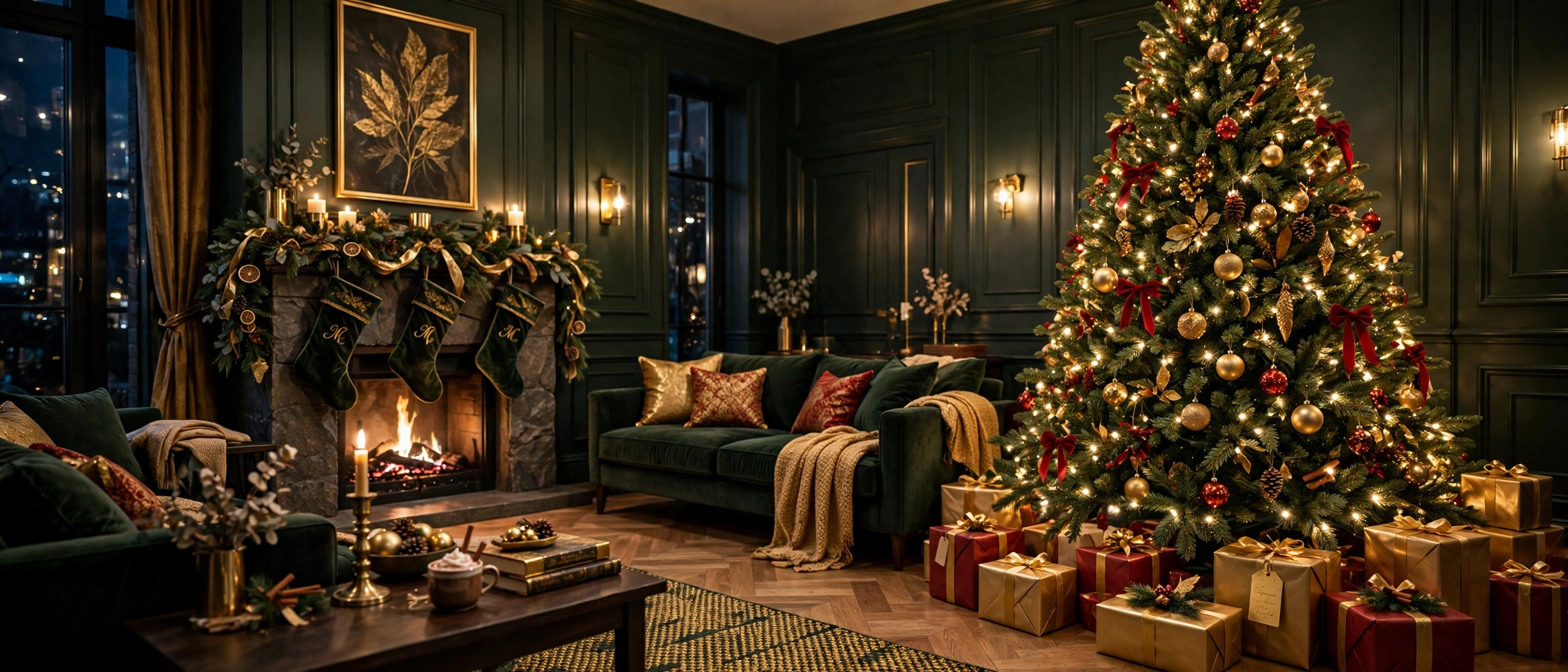 Decorated artificial Christmas tree in a cozy living room